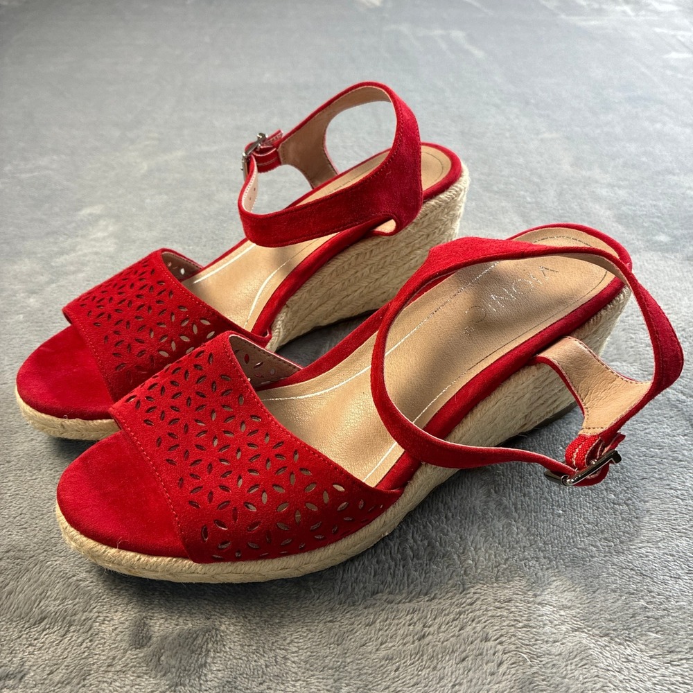 Vionic Ariel Red Suede Laser Cut Espadrille Wedge Sandals Womens 8M VS387 - Picture 2 of 16